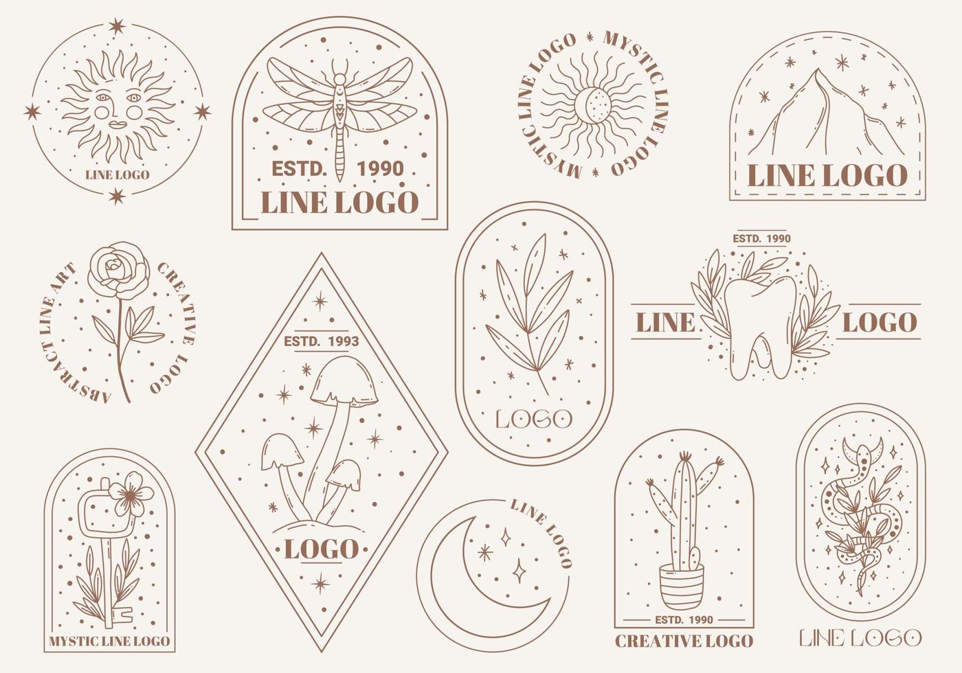 Boho mystic doodle esoteric logo set. Magic line art icon with moth, key, sun, cactus, moon vector