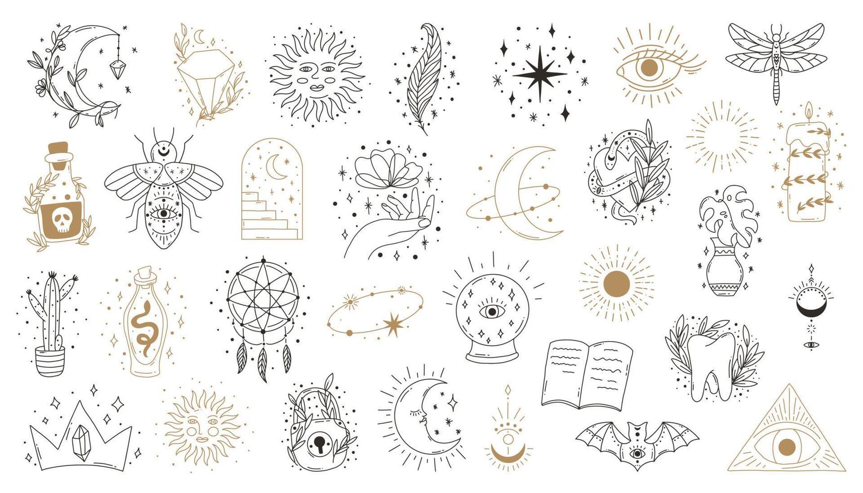 Boho mystic doodle esoteric set. Magic line art poster with moon, hand, flower. vector