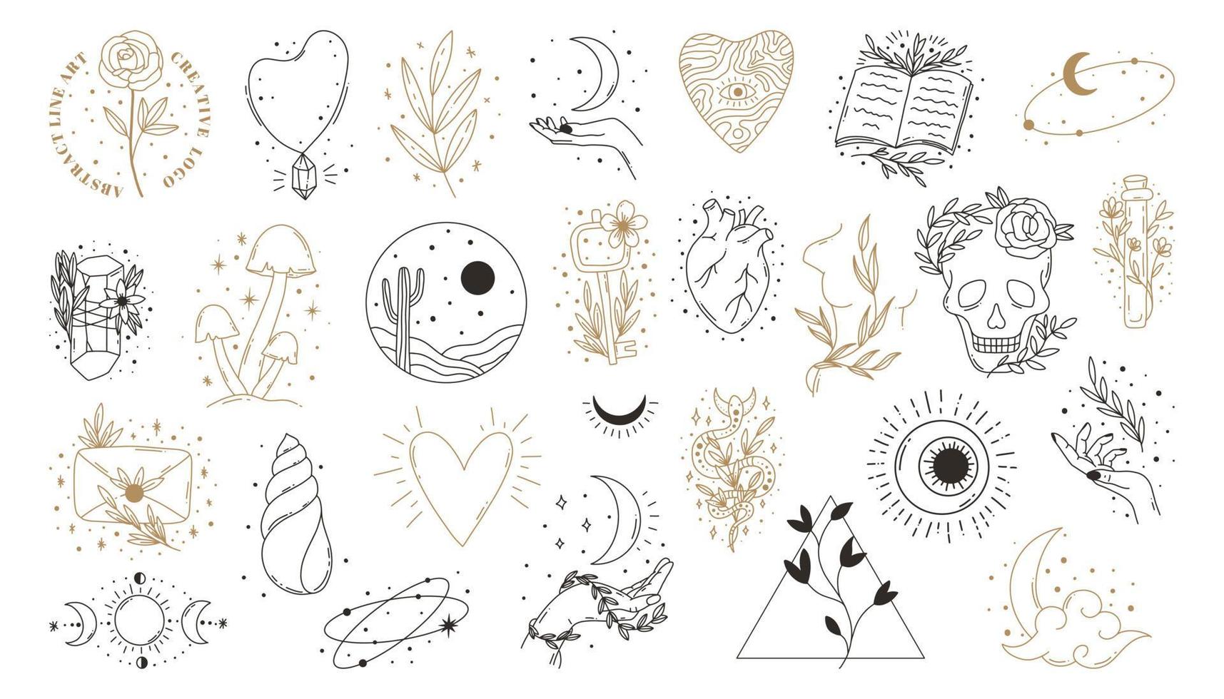 Boho mystic doodle esoteric set. Magic line art poster with moon, key,shell, mushrooms. vector