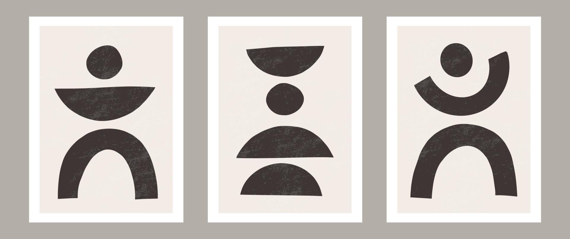 Trendy contemporary Abstract wall art, Set of 3 boho art prints, Minimal black shapes on beige. Creative Mid-century geometric minimalist artistic hand painted composition. vector