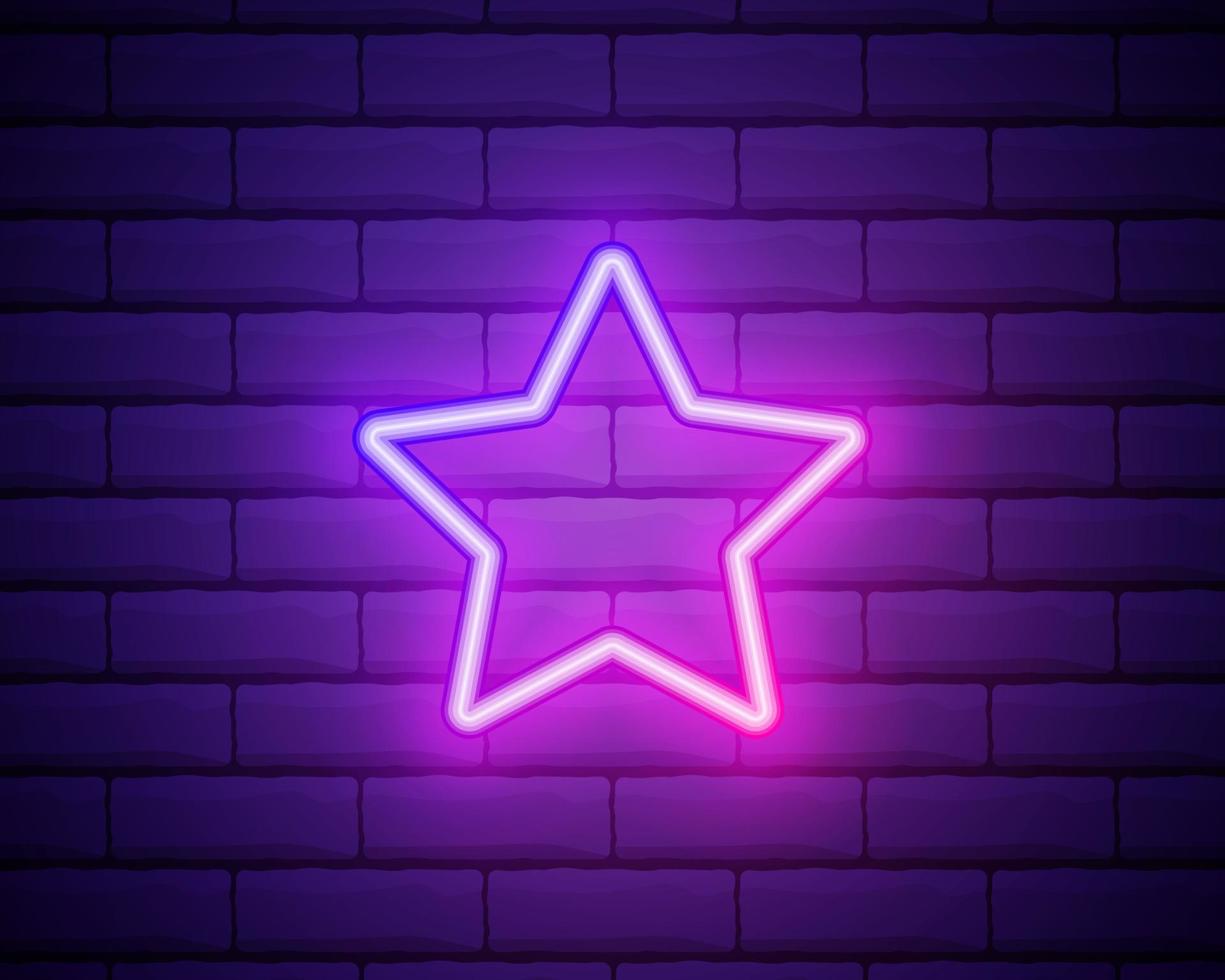 Neon star. Bright pink star frame on brick wall background with backlight. Realistic glowing night signboard. Retro star sign. Vector illustration.