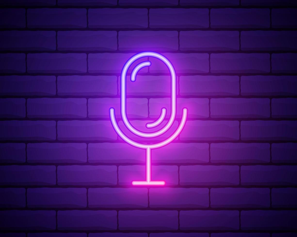 Microphone neon icon. Mic on brick wall background. Studio record concept. Vector illustration can be used for neon signs, billboards, radio stations, broadcasting