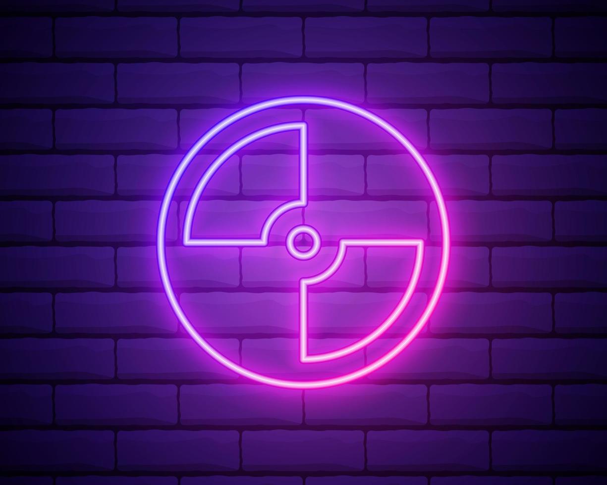 Glowing neon CD or DVD disk icon isolated on brick wall background. Compact disc sign. Vector Illustration