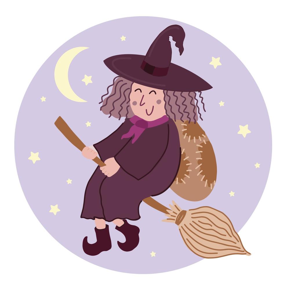 Ilustración de vector de dibujos animados lindo de bruja befana - personaje mágico de epifanía navideña italiana tradicional, volando en una escoba, fondo de cielo nocturno