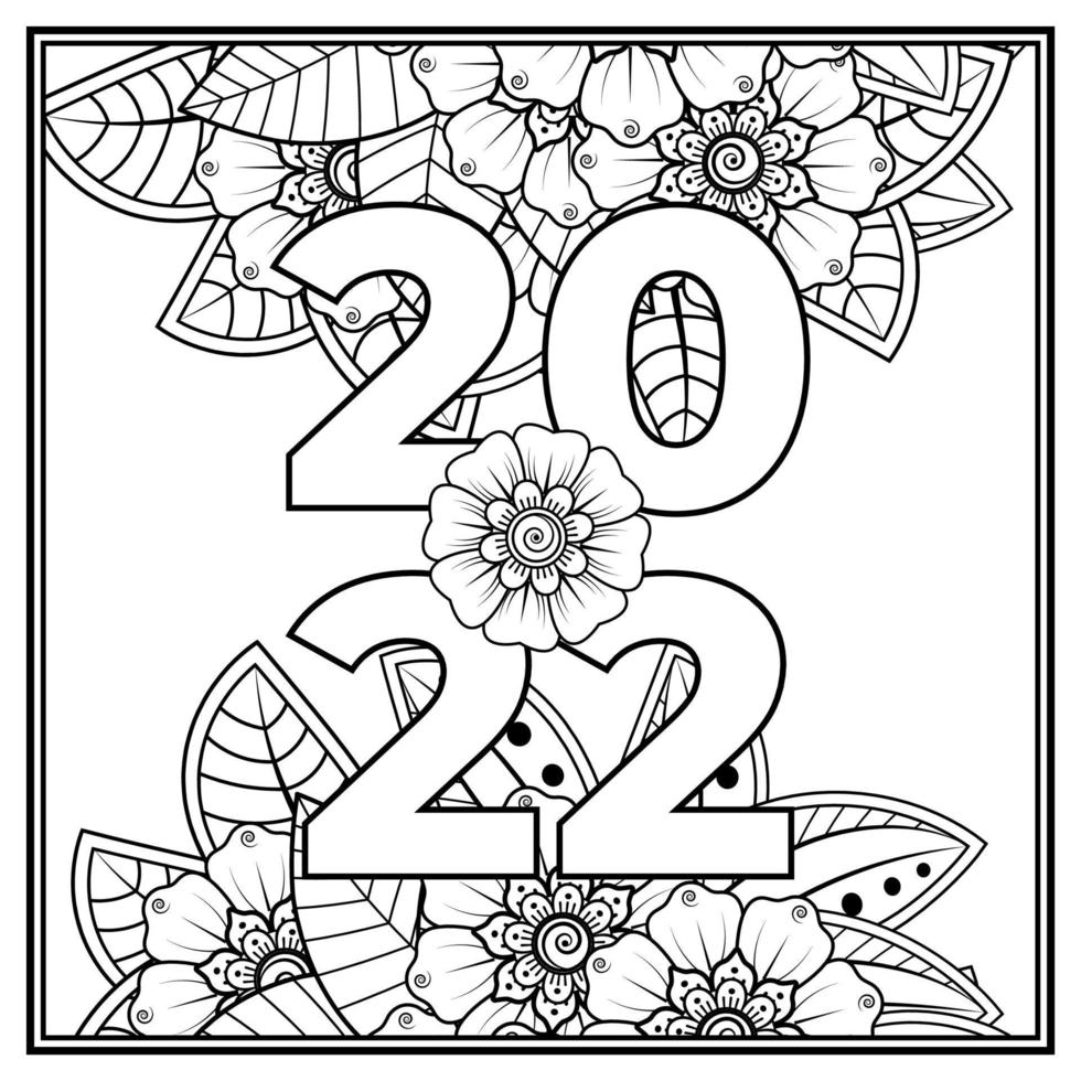 feliz año nuevo 2022 banner o plantilla de tarjeta con flor mehndi vector