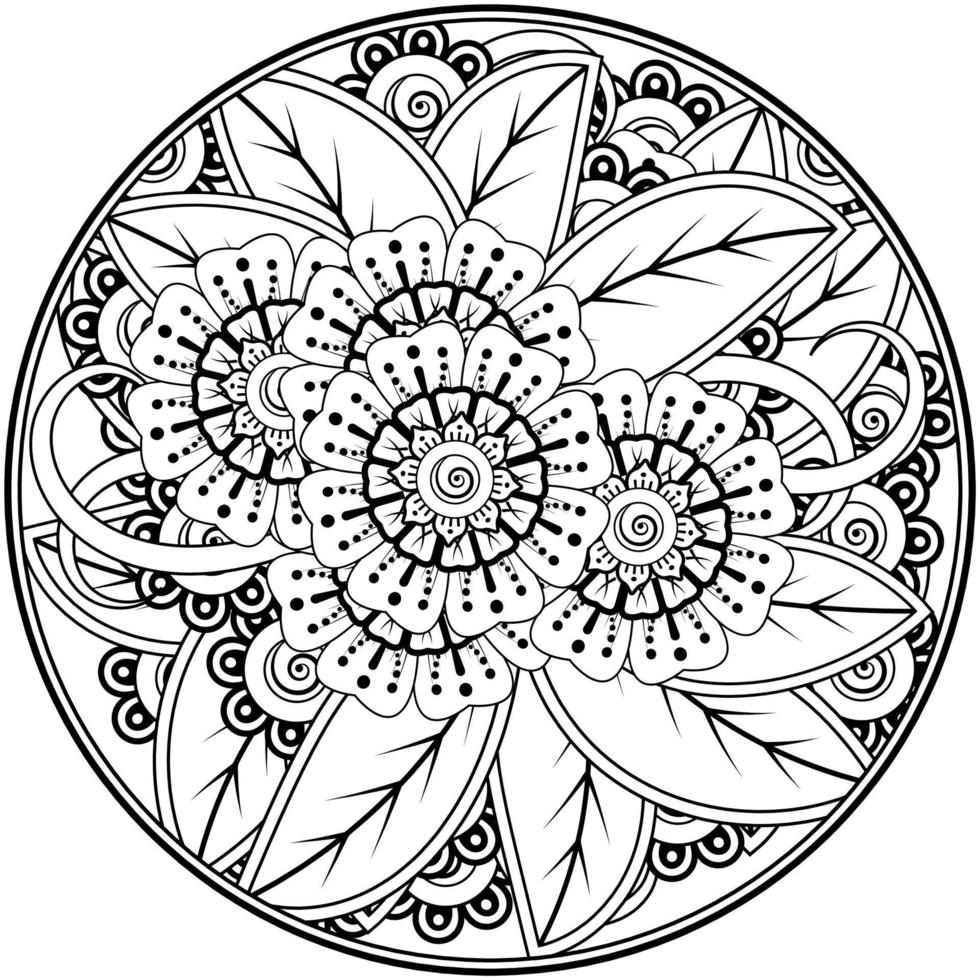 flor mehndi para henna, mehndi, tatuaje, decoración. adorno decorativo en estilo étnico oriental, adorno de doodle, dibujo a mano de contorno. página de libro para colorear. vector