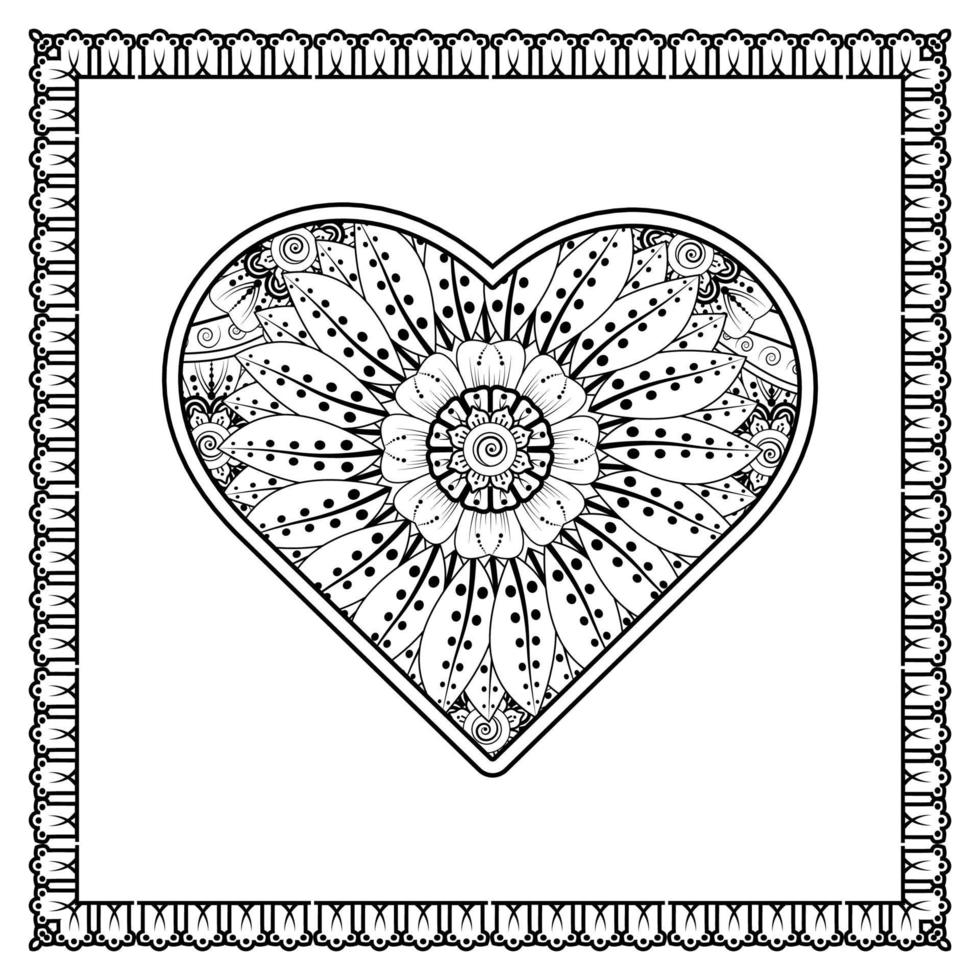 mehndi flower with frame in shape of heart. decoration in ethnic oriental, doodle ornament. vector