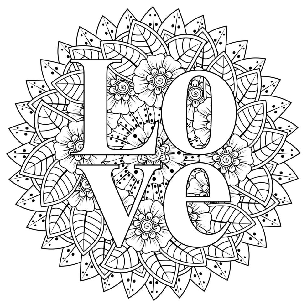 palabras de amor con flores mehndi para colorear página de libro doodle adorno vector