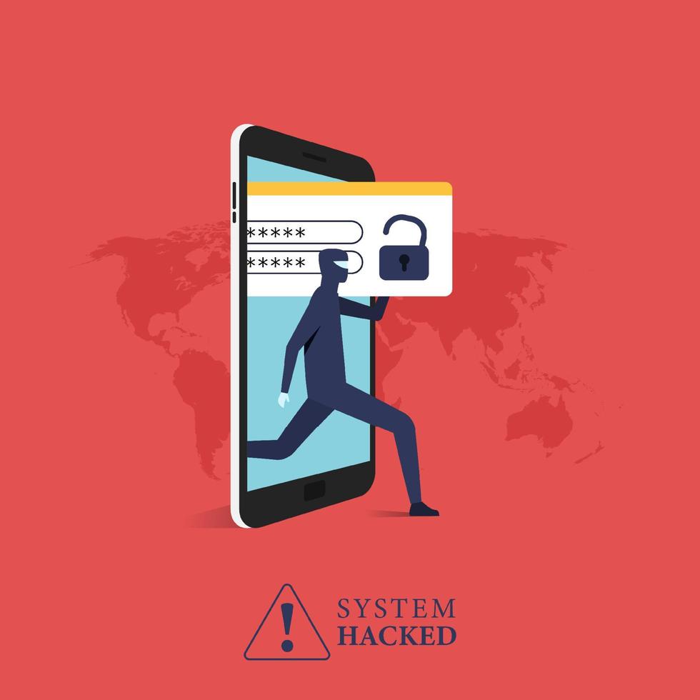 Hacker stealing data concept from phone. Warning of a system hacked. cyber crime vector illustration