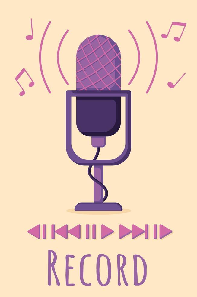 Podcast and audio icon in a flat style, record mic isolated on a yellow background. Microphone, record, music wave line icon. vector