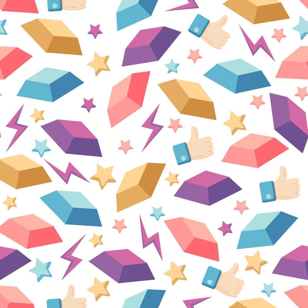 Seamless pattern of keyboard buttons, thumbs up icon, stars and lightnings in a flat style, isolated on a white background. vector