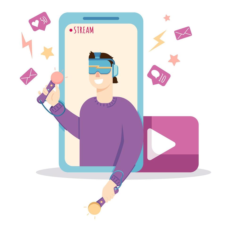 Young adult man streaming in vr helmet, watching live streaming on the smartphone, illustration in a flat style, isolated on a white background. vector