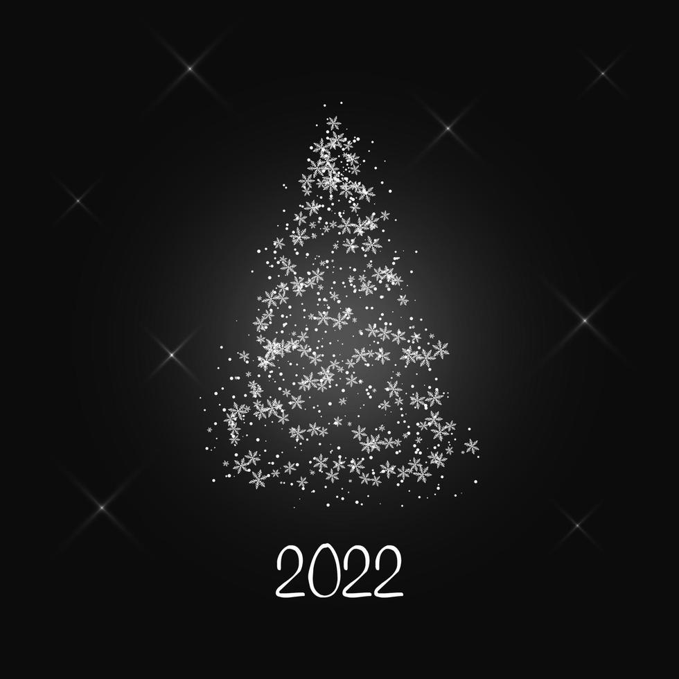 Magic white Christmas tree of snowflakes with a sparkling stars on a dark gray background. Merry Christmas and Happy New Year 2022. Vector illustration.