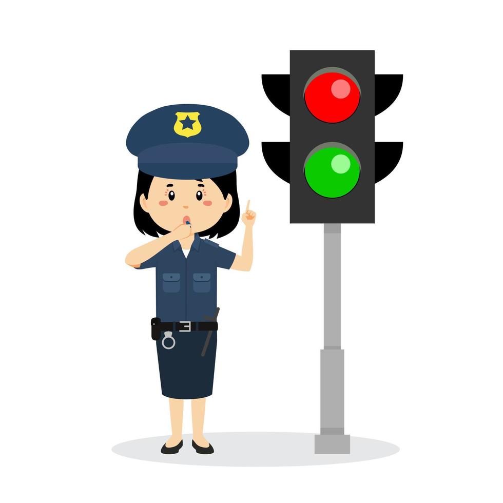 Happy Cute Girl Wearing Police Uniform Stand Beside Traffic Lamp vector