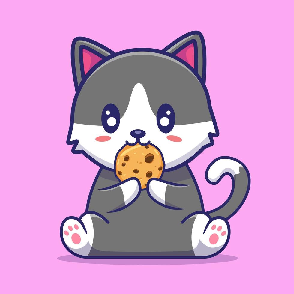 cute cat cartoon illustration eating cookie vector