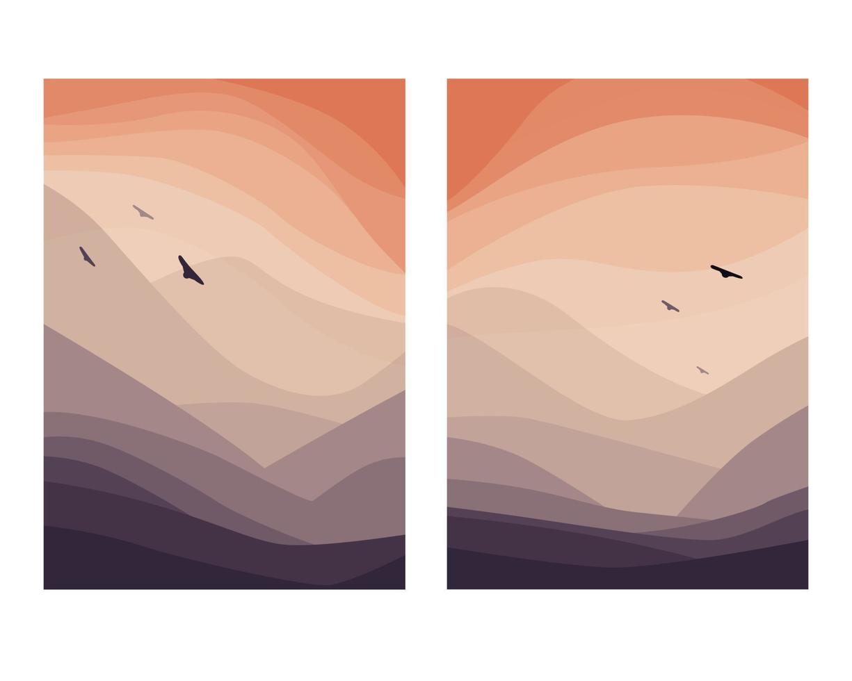 Set of abstract landscapes. Collection of arts with mountains, sky, birds. Vector illustration for wall art, poster, print.