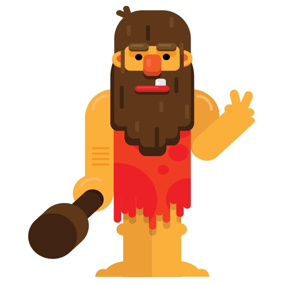 Caveman carrying a big club and showing victory sign. Flat style Vector illustration. Primitive archaic man isolated on white background.