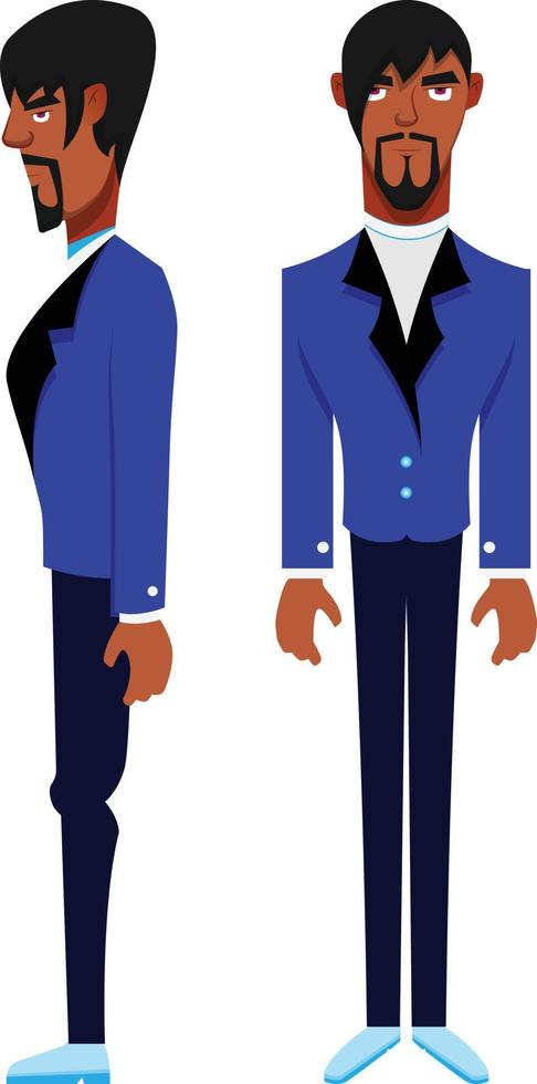 Young attractive male character elegantly dressed in blue suit vector illustration. A full length illustration of a young male character wearing a formal suit, men fashion.