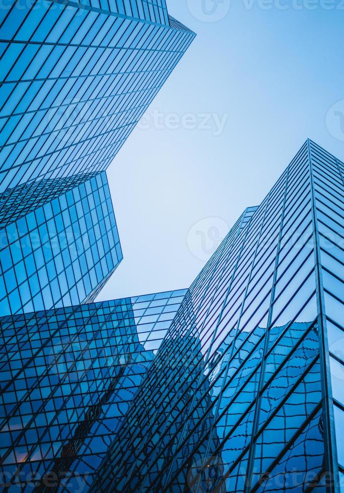 Abstract and Complex Blue Skyscraper Structure Downtown in Montreal. photo