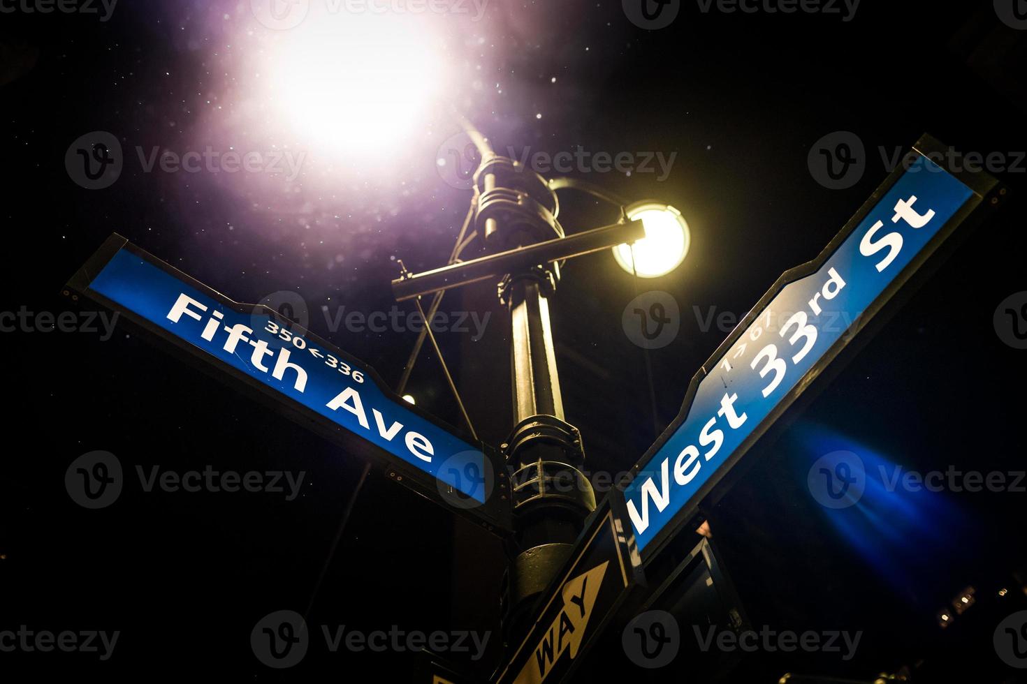Light Post and Fifth Avenue Street Sign on the corner of the West 33rd Street in Manhattan, New York. photo