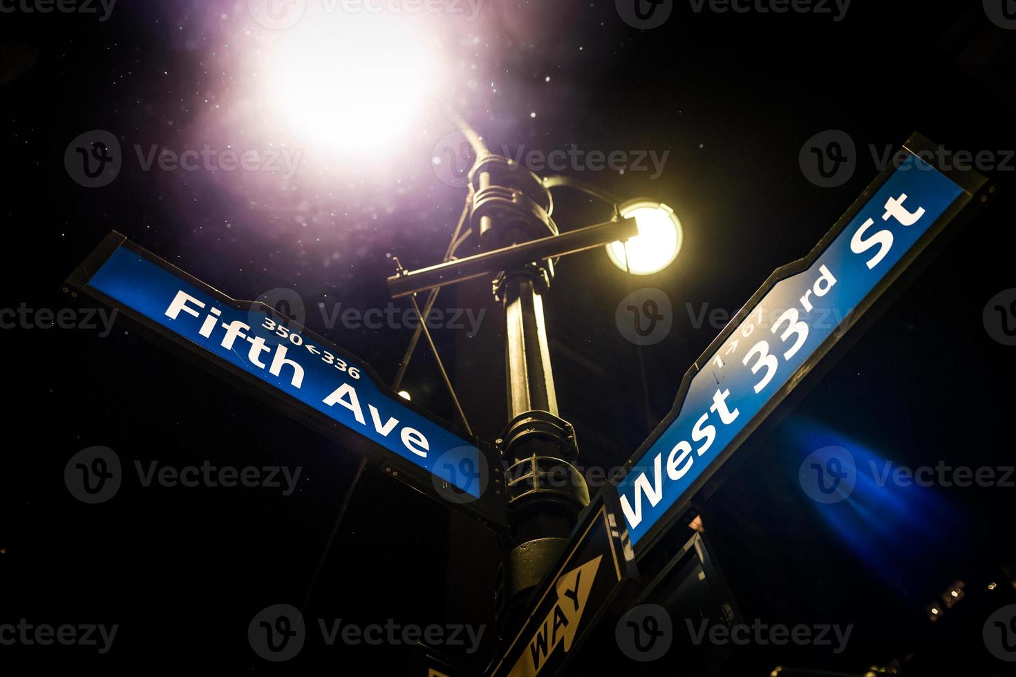 poste de luz y el letrero de la calle Fifth Avenue en la esquina de la calle West 33rd en Manhattan, Nueva York. foto