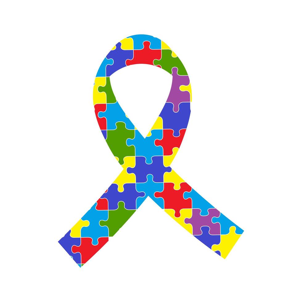 Autism awareness ribbon with colorful jigsaw puzzle. Vector flat illustration.