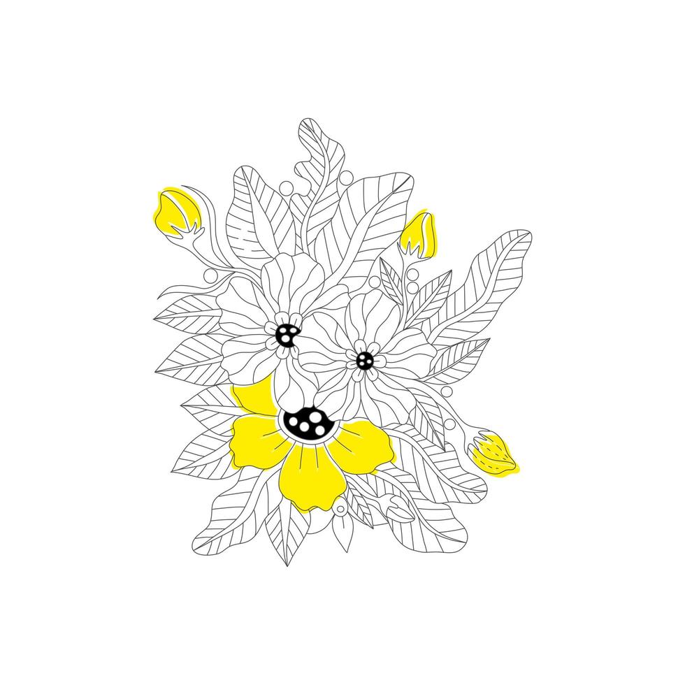 Outline doodle bohemian yellow flowers in black and white for adult coloring books, monocrome floral vector pattern.