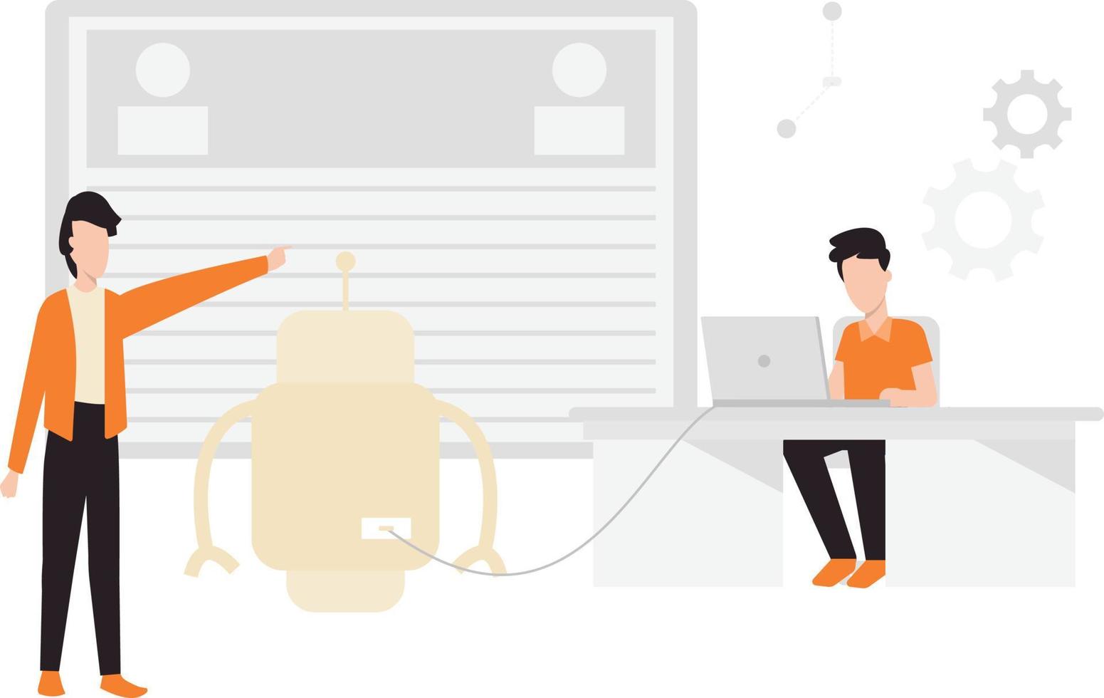 There are two boys , one sitting on laptop and control the robot ,the other one command to robot. vector