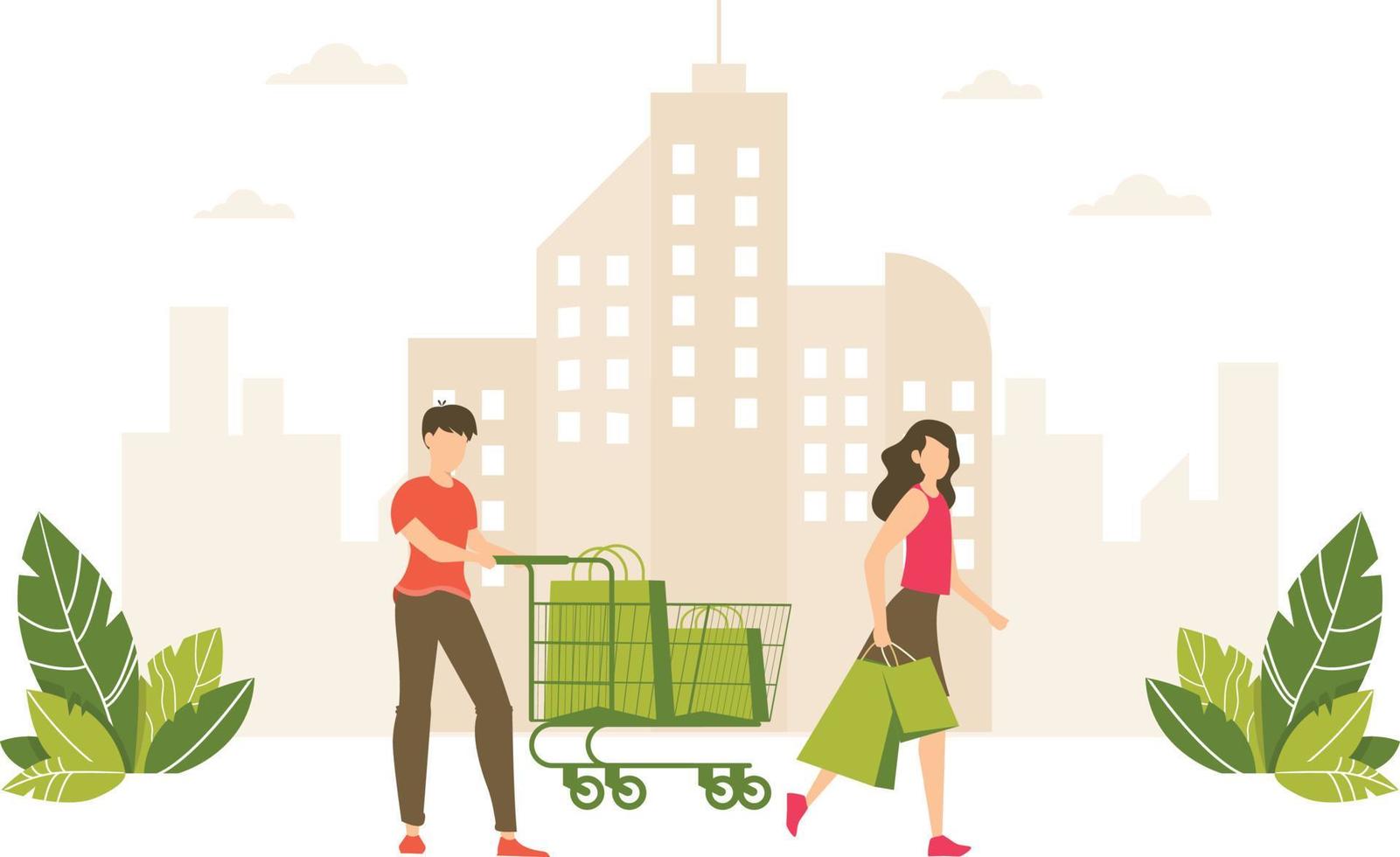 A girl holding the bags and a boy with trolley moving forward. vector