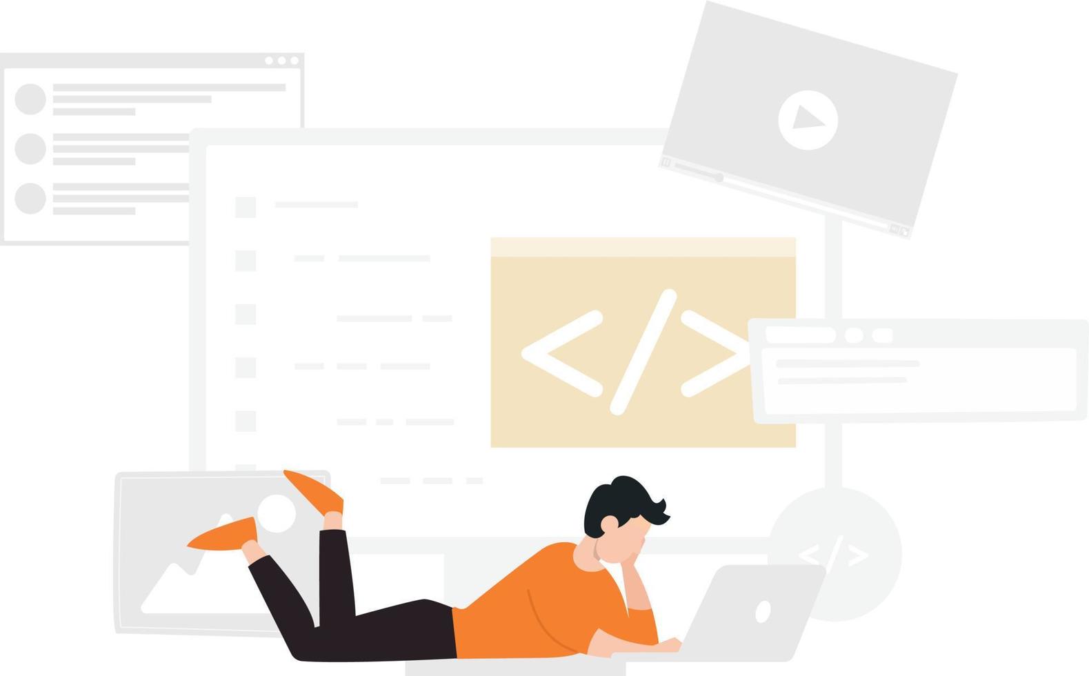 A boy laying and using laptop. Web coding and developing showing on