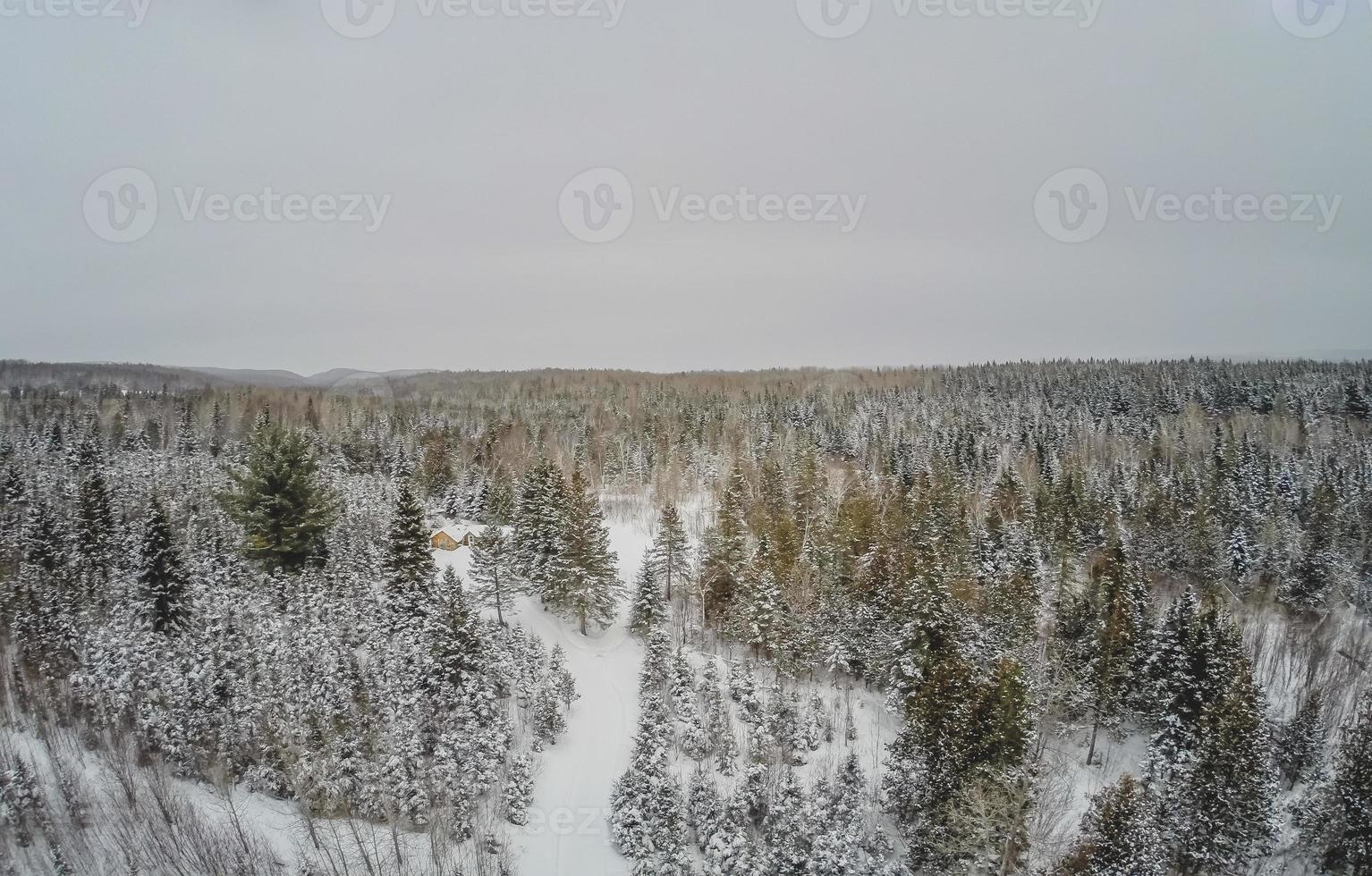 Vista aérea del bosque y la pequeña choza de madera canadiense durante el invierno. foto