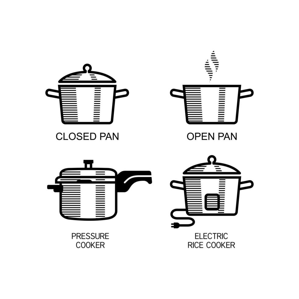 Different types of rice cooking instructions. Closed Pan, Open Pan, Pressure Cooker and Electric Rice Cooker vector