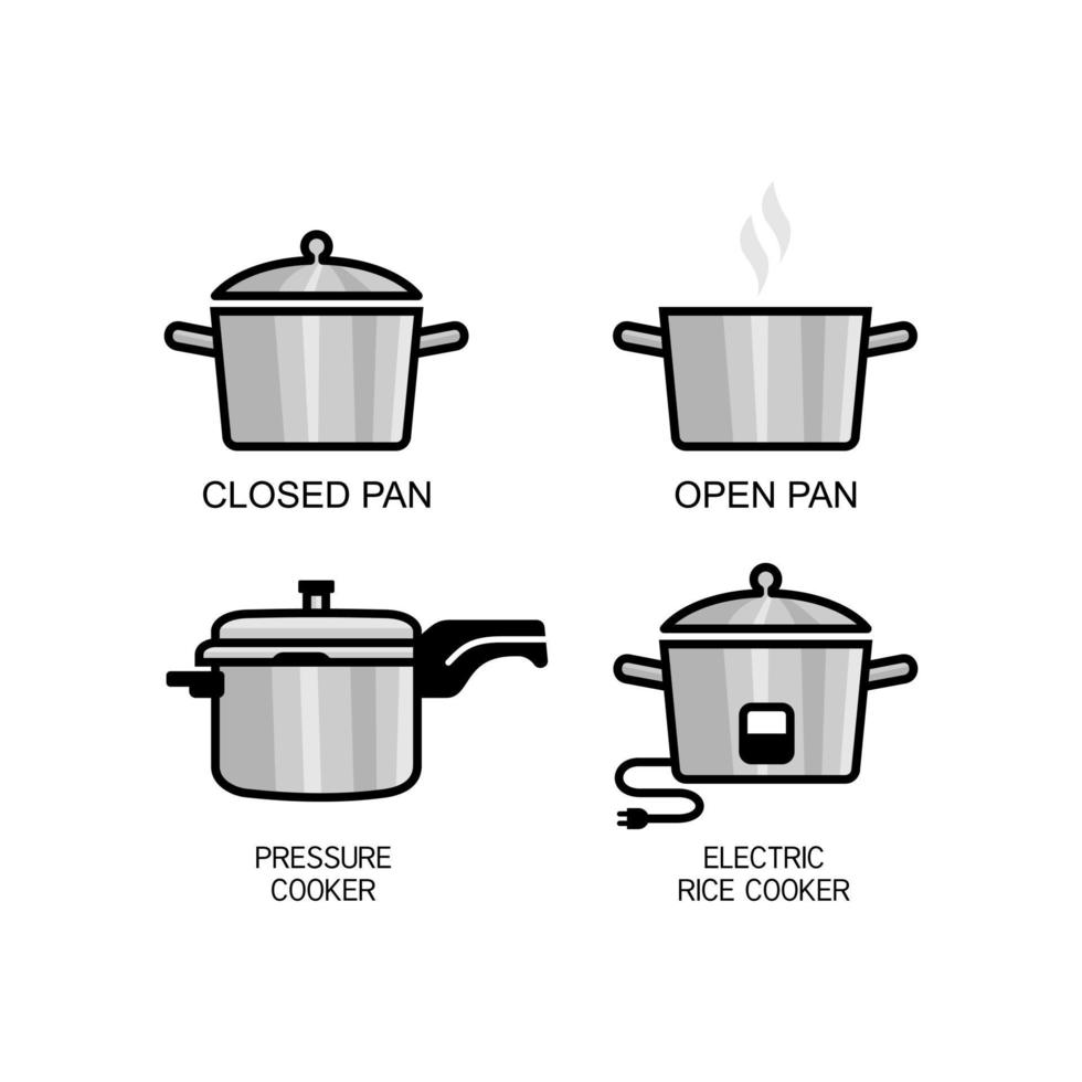 Different types of rice cooking instructions. Closed Pan, Open Pan, Pressure Cooker and Electric Rice Cooker vector