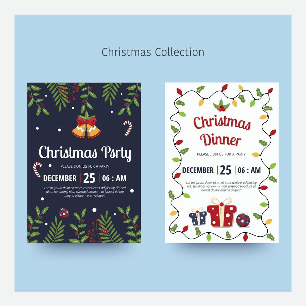 Christmas invitation and greeting card design with christmas element. Vector illustration. Flat design.