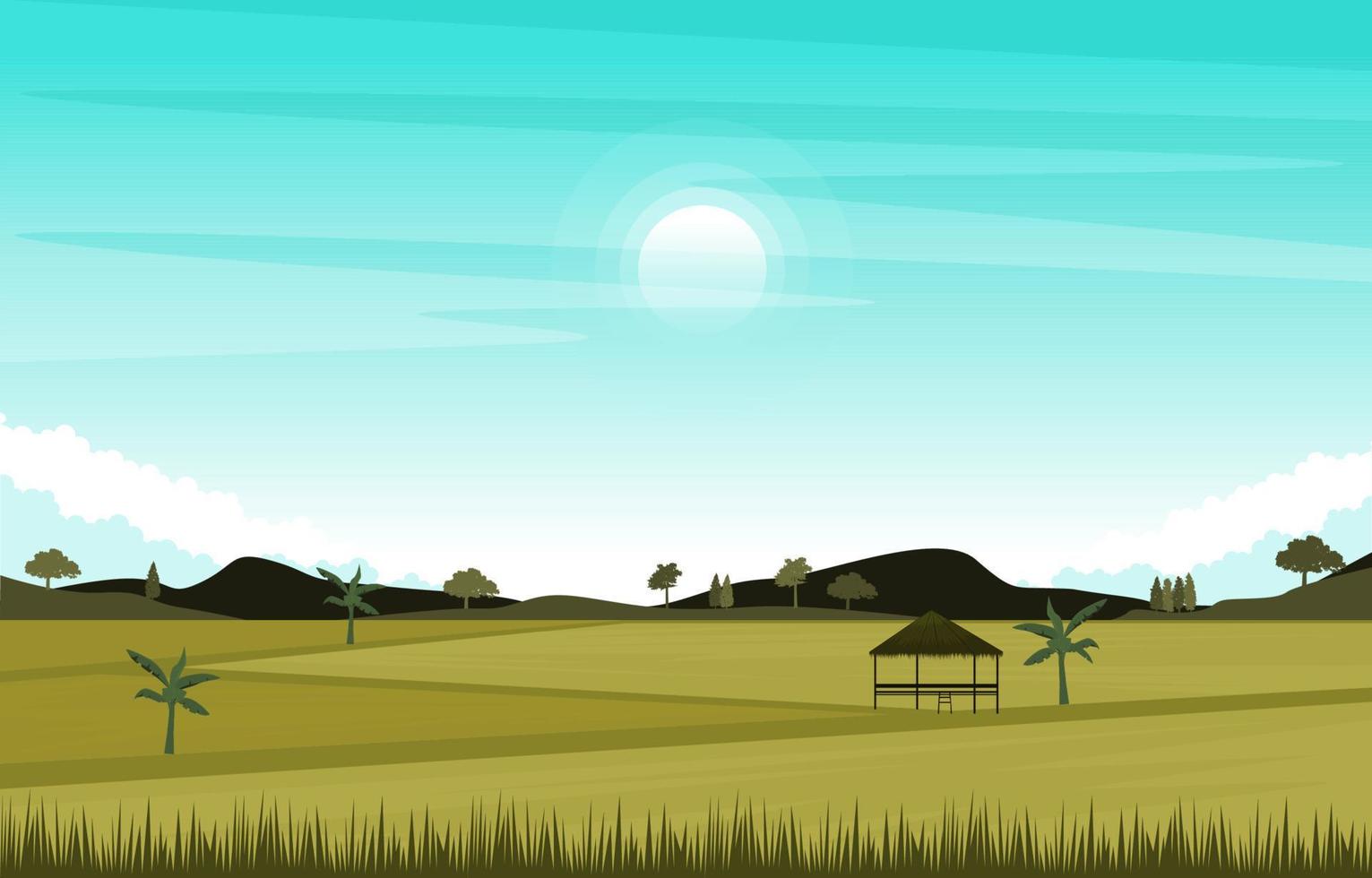 choza, arrozal asiático, campo, agricultura, naturaleza, vista, ilustración vector