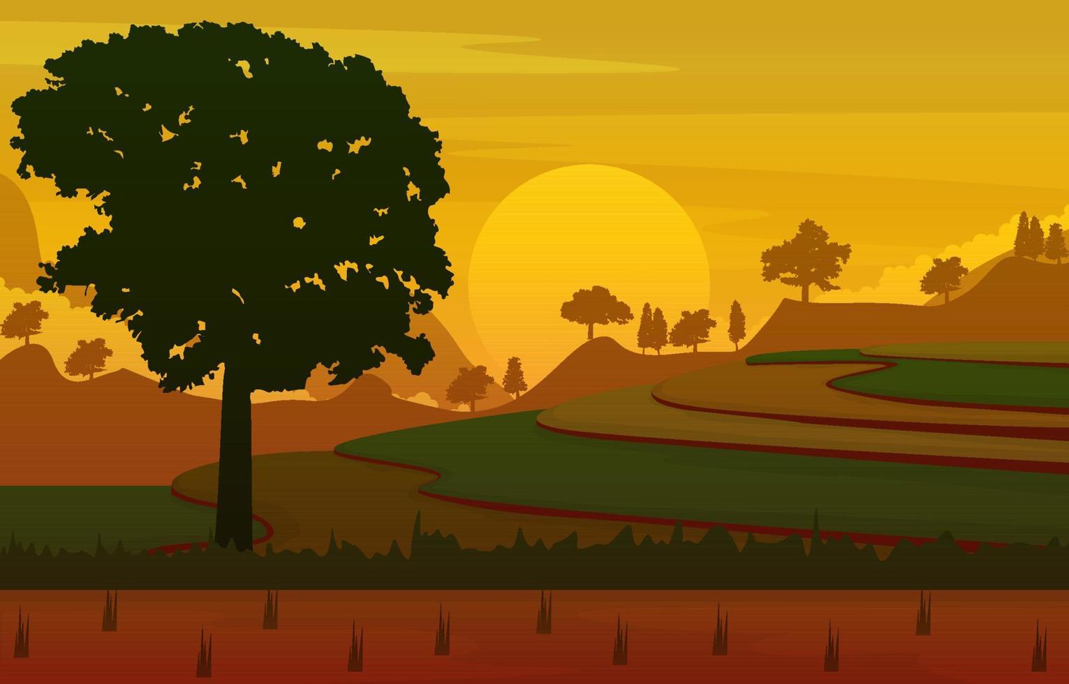 amanecer asiático arrozal campo agricultura naturaleza vista ilustración vector