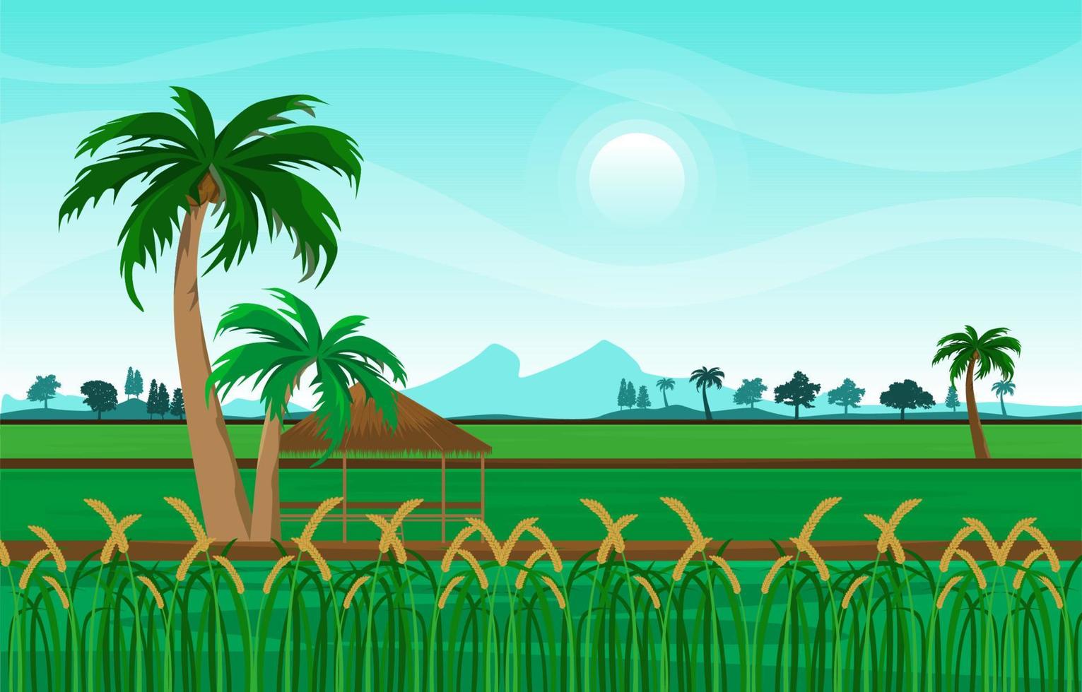 Hut Asian Paddy Rice Field Agriculture Nature View Illustration vector