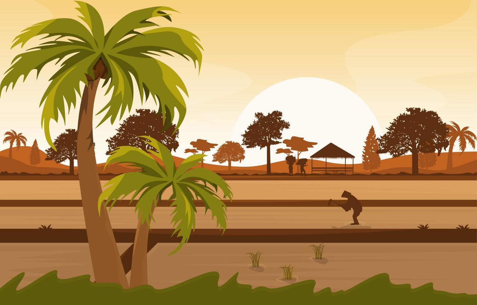 Sunrise Asian Farmer Paddy Rice Field Agriculture Nature Illustration vector