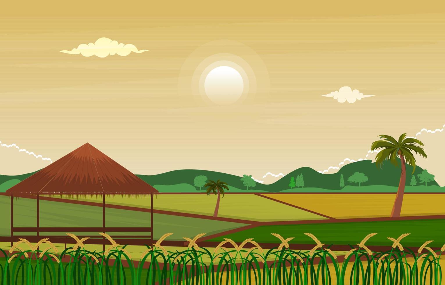 Hut Asian Paddy Rice Field Agriculture Nature View Illustration vector