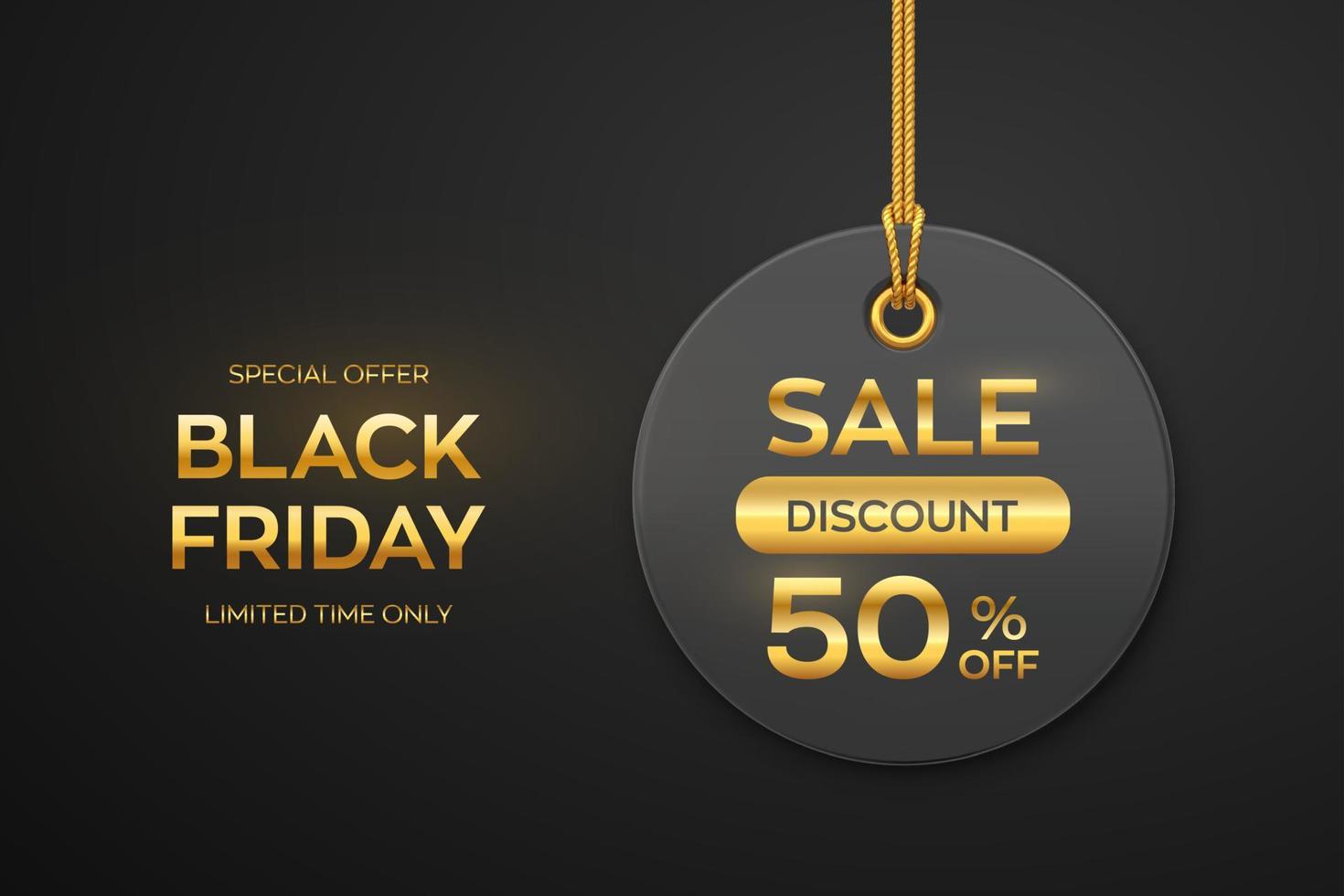 Black Friday sale price tag. Black tag hanging on gold rope. Discount label on black background. Black friday design, advertising, marketing price tag. Realistic 3D vector illustration.