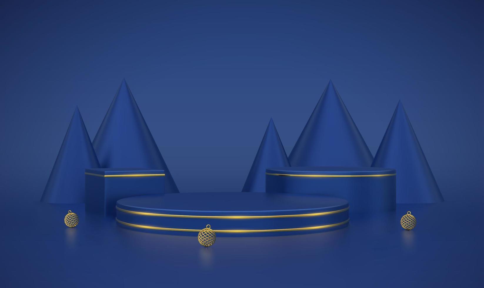 podio azul redondo y cúbico. escena y plataforma 3d con círculo de oro, bolas y pinos sobre fondo azul. concepto de pedestal en blanco. diseño publicitario. muestra y plantilla de venta. vector realista.