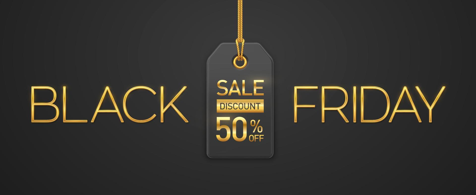 Black Friday Sale. Golden metallic luxury letters BLACK FRIDAY and price tag coupon hanging on gold ropes on black background. Horizontal banner, web site header, poster. Vector illustration.