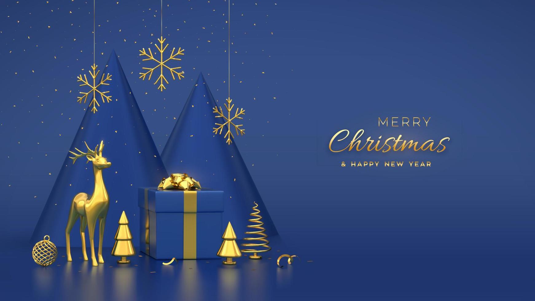 Christmas banner. Composition from gift box, gold deer, shining showflakes and ball, golden metallic spruce trees. New Year cone shape trees. Xmas background, greeting card. Vector 3D illustration.