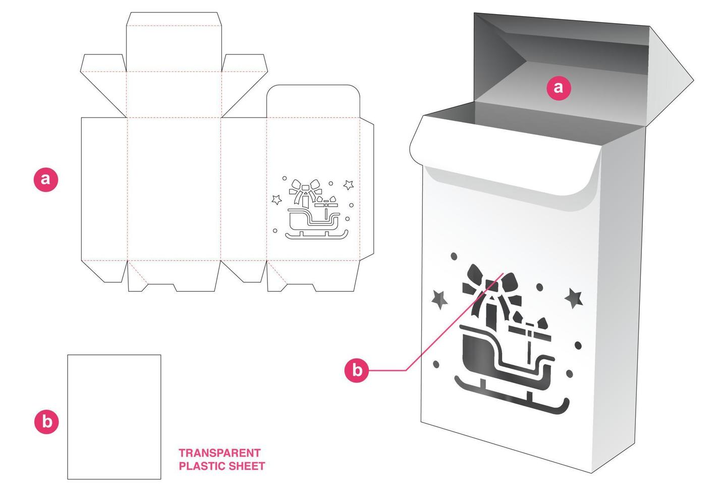 Caja de embalaje de punto de bloqueo automático con ventana de trineo navideño y plantilla troquelada de hoja de plástico transparente vector
