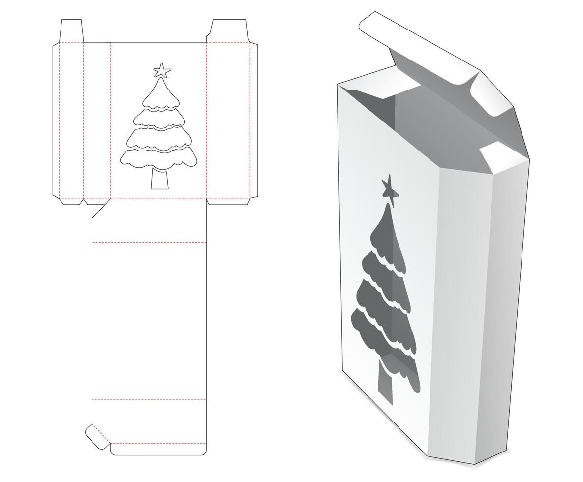 Angle tall box with Christmas tree window die cut template vector