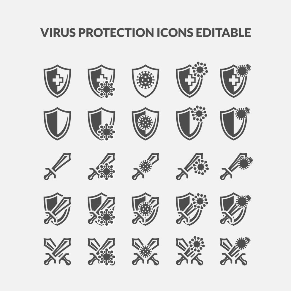 conjunto de icono de glifo de protección antivirus. virus, escudo, guardia, icono de espada. atacar, contra, proteger el virus covid-19 corona virus vector