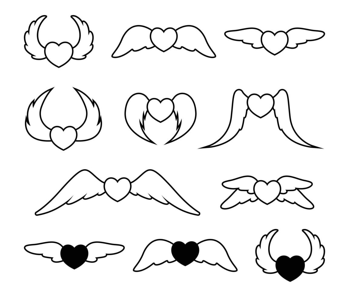 corazón con alas conjunto de iconos. logotipo de arte de línea de amor y ala vector