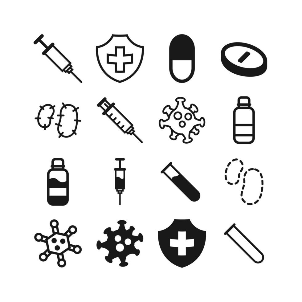 conjunto de icono médico, de laboratorio, de salud. virus, vacuna, cura, píldora, tableta, tubo de ensayo, botella, germen, inyección, bacterias, Ilustración de símbolo de escudo vector