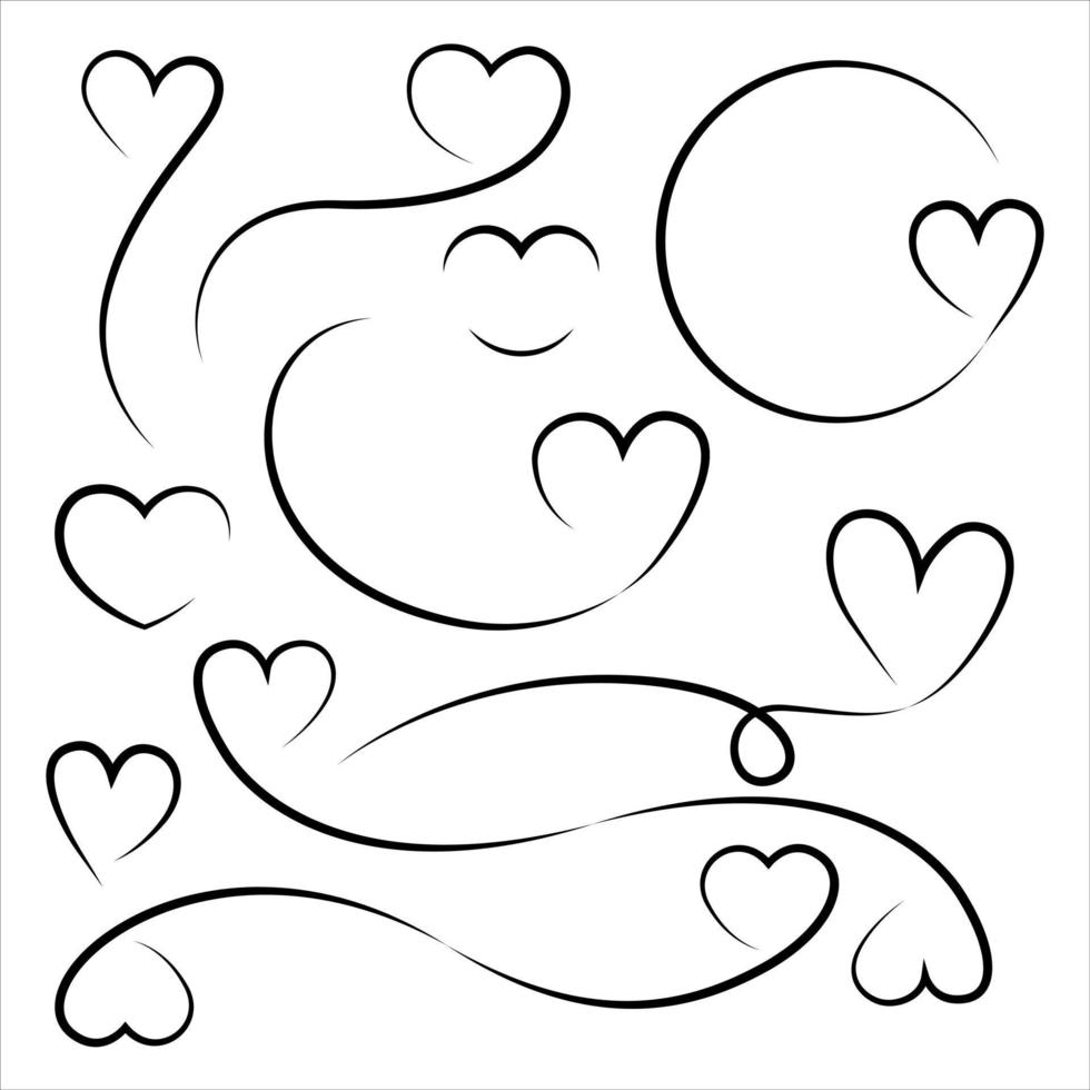 Heart illustration Set. love black outline. Template and ornament for Valentine's Day. Line Art Icon vector