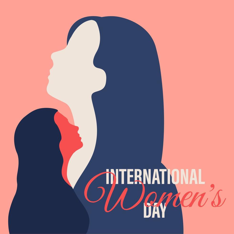 International Women's Day in 8 March Concept with two woman silhouette illustration from side in scandinavian style. Beauty poster vector